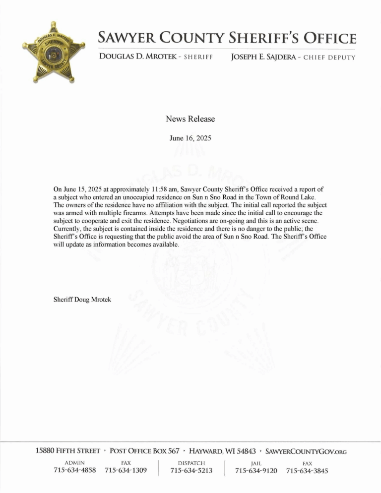 News Release from Sawyer County Sheriff’s Office – The Official Website ...